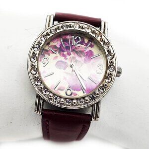Women’s Floral Quartz Watch – Rhinestone Bezel, Burgundy Faux Leather Band